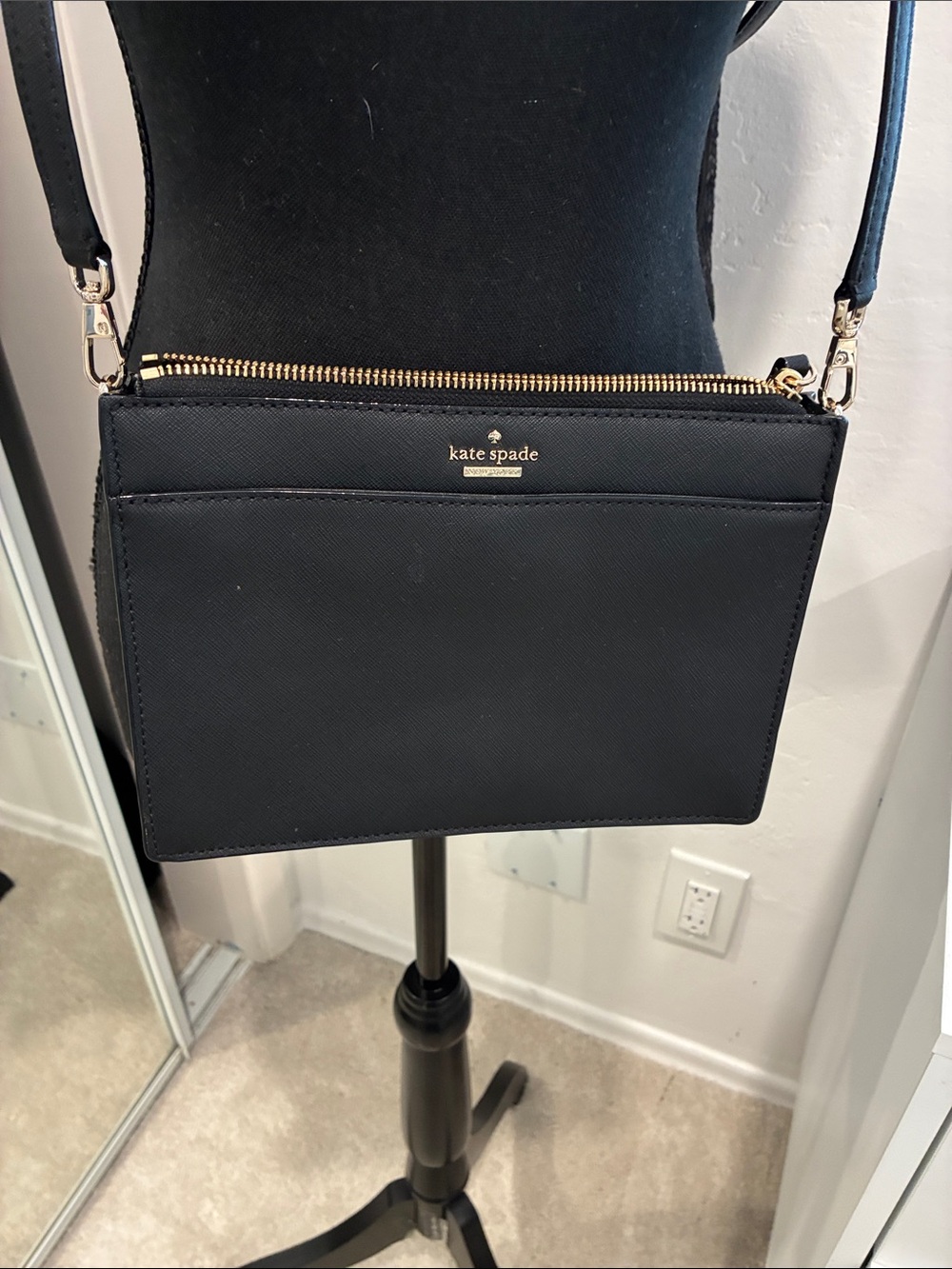 kate spade black leather saffiano crossbody with gold hardware